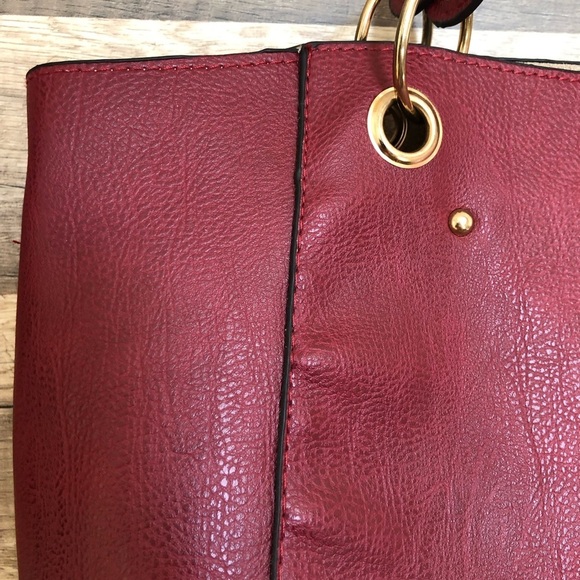 Burgundy Faux Leather Midsize Tote Shoulder  Bag - Picture 3 of 9